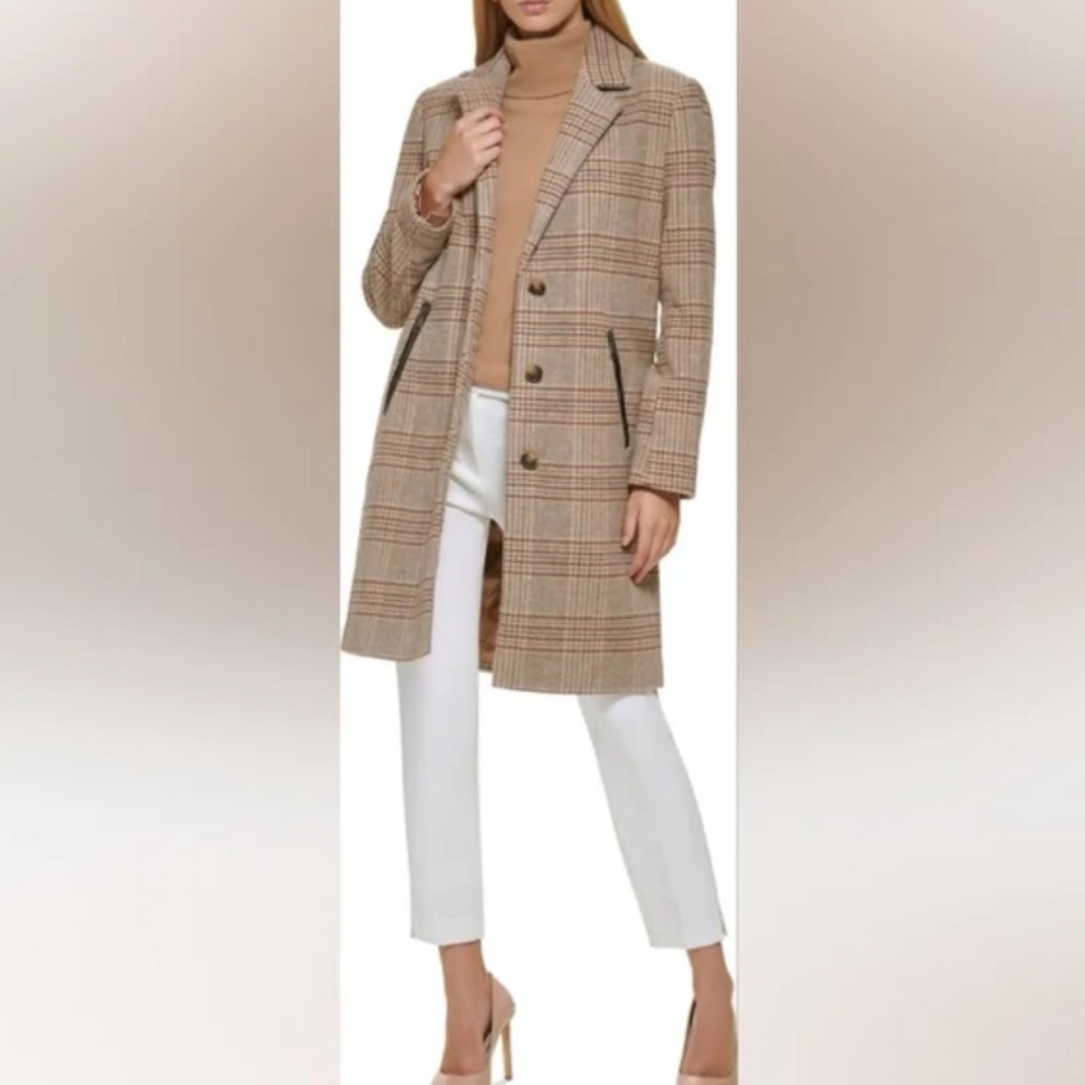 NWT DKNY Women’s Single Breasted Walker Coat Rosewood Plaid XS (0-4)